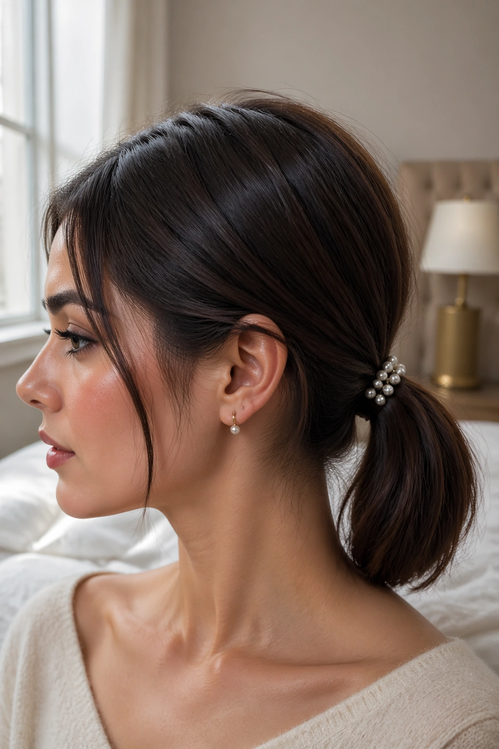 Real woman wearing a sleek low ponytail with pearl pins in soft bedroom light