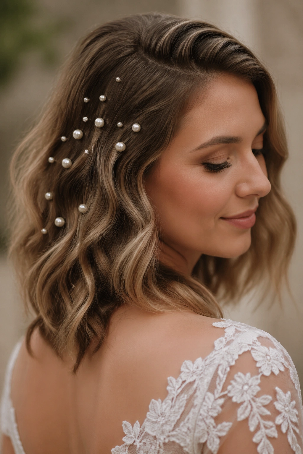 Close-up of a real bride with pearl-pin scattered waves on one side.
