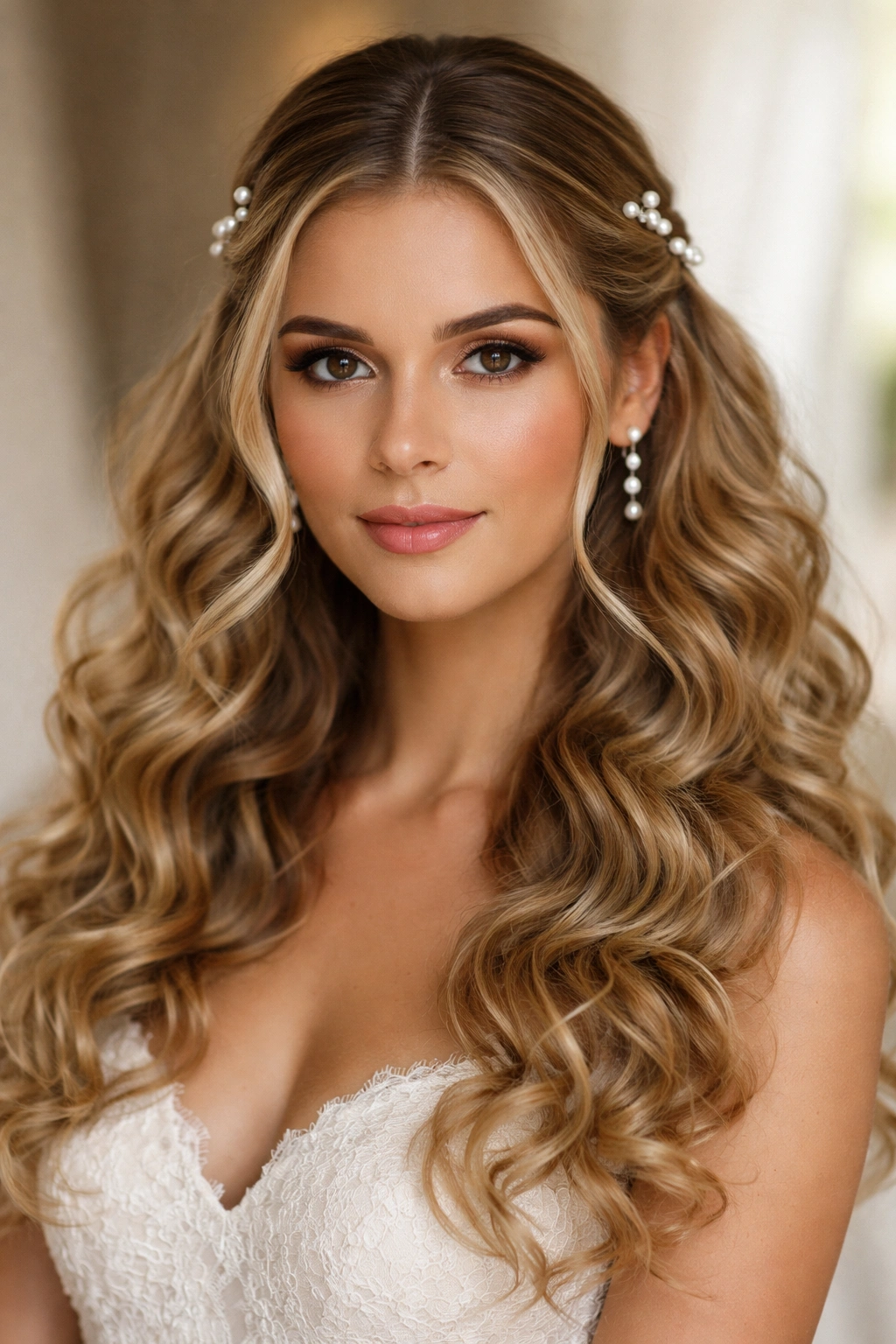 Center part with pearl pins above the ears on curly hair