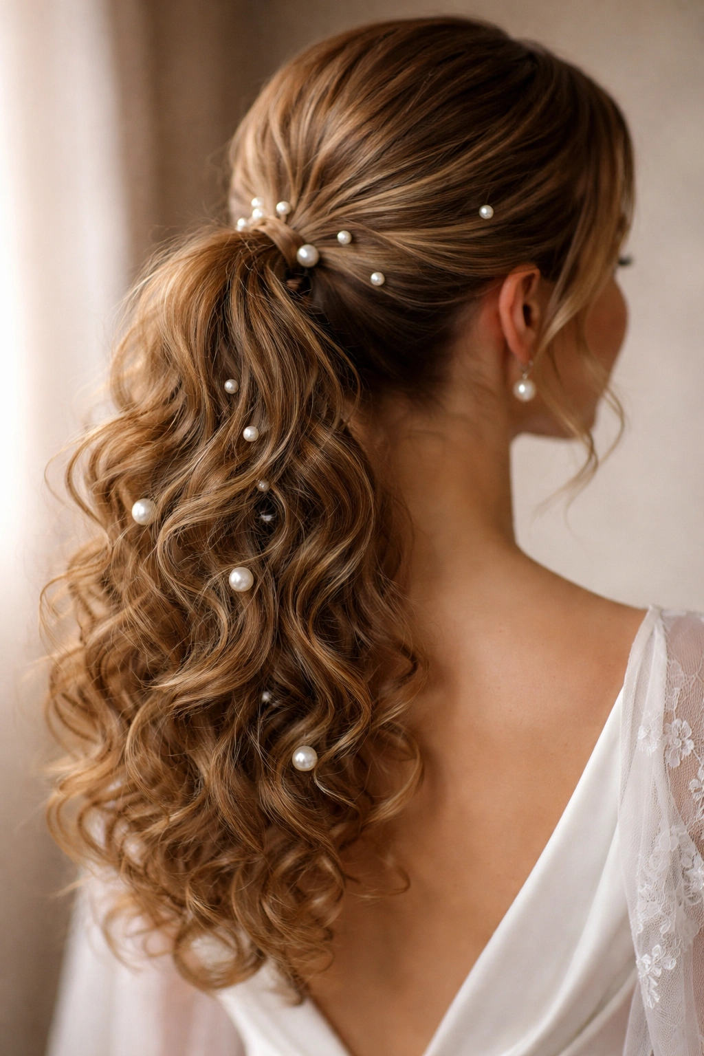 Curly ponytail with pearl pins integrated into the hair