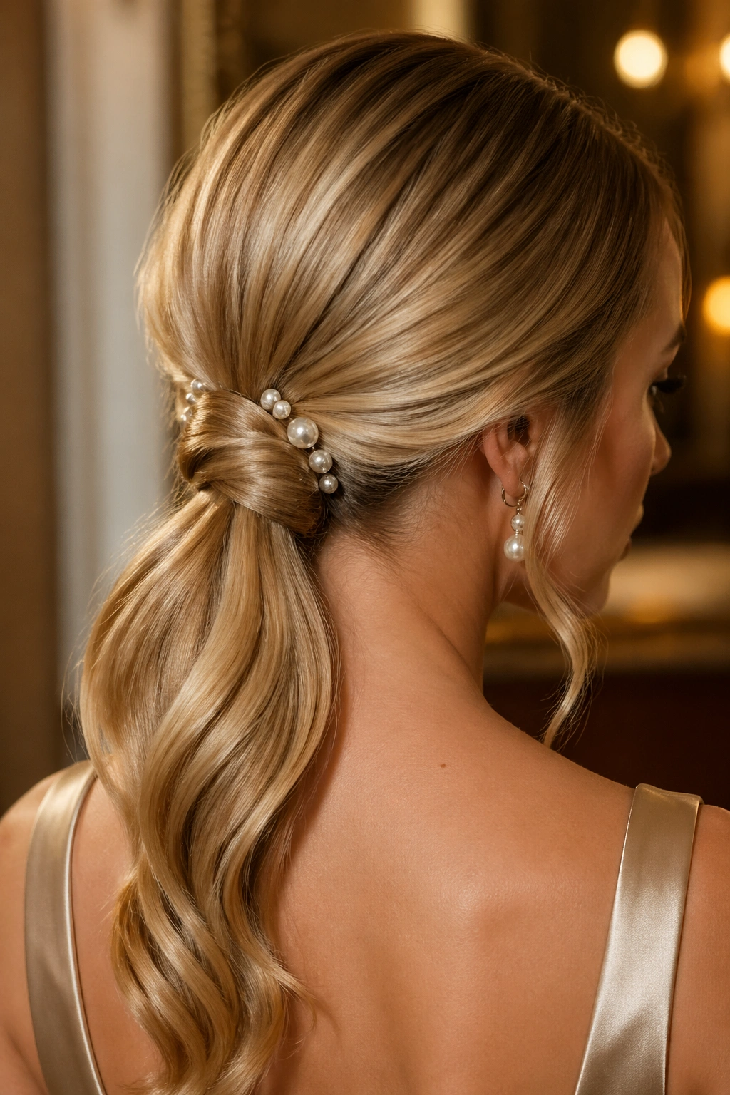 Close-up of a knot ponytail with pearl pins on a real woman