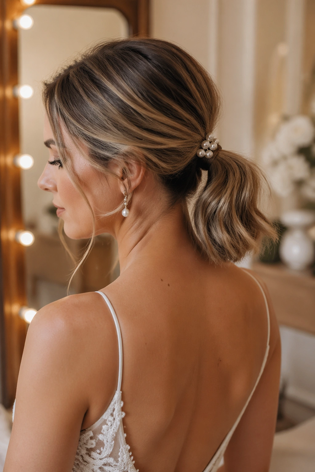 Close-up of a real bride's short ponytail with pearl pins in a warm dressing room