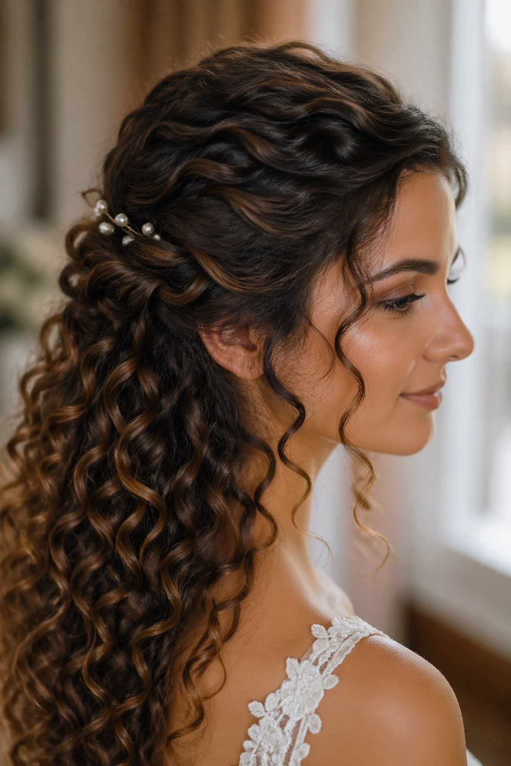 Close-up of real bride with pearl-pinned half-up twist