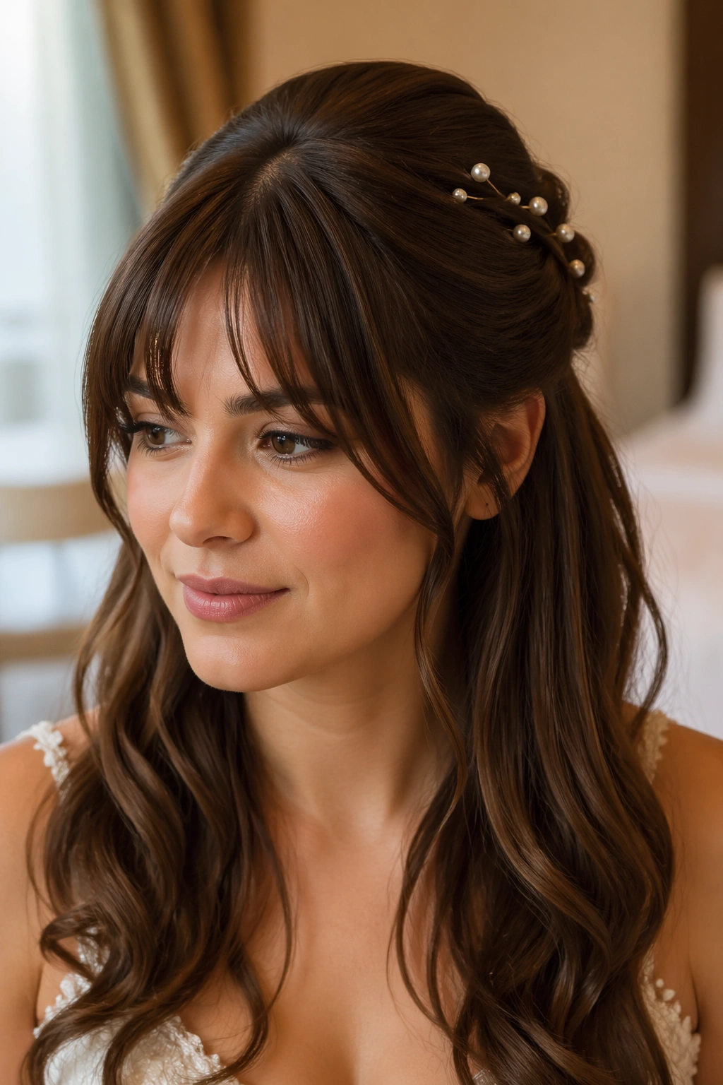 Bride with bottleneck bangs and pearl pins in half-up style