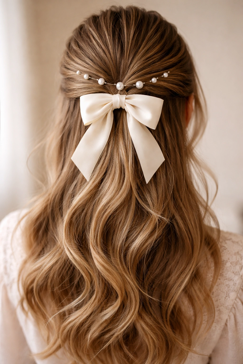 Half-up ponytail with pearl pins and a bow