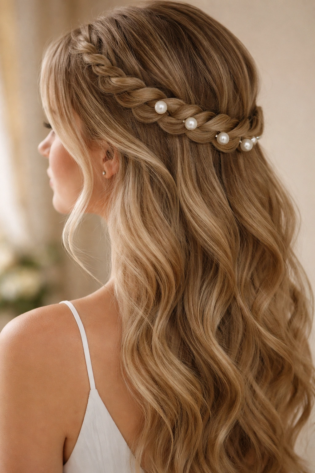 Side view of braided half-up with pearl pins along the curve.