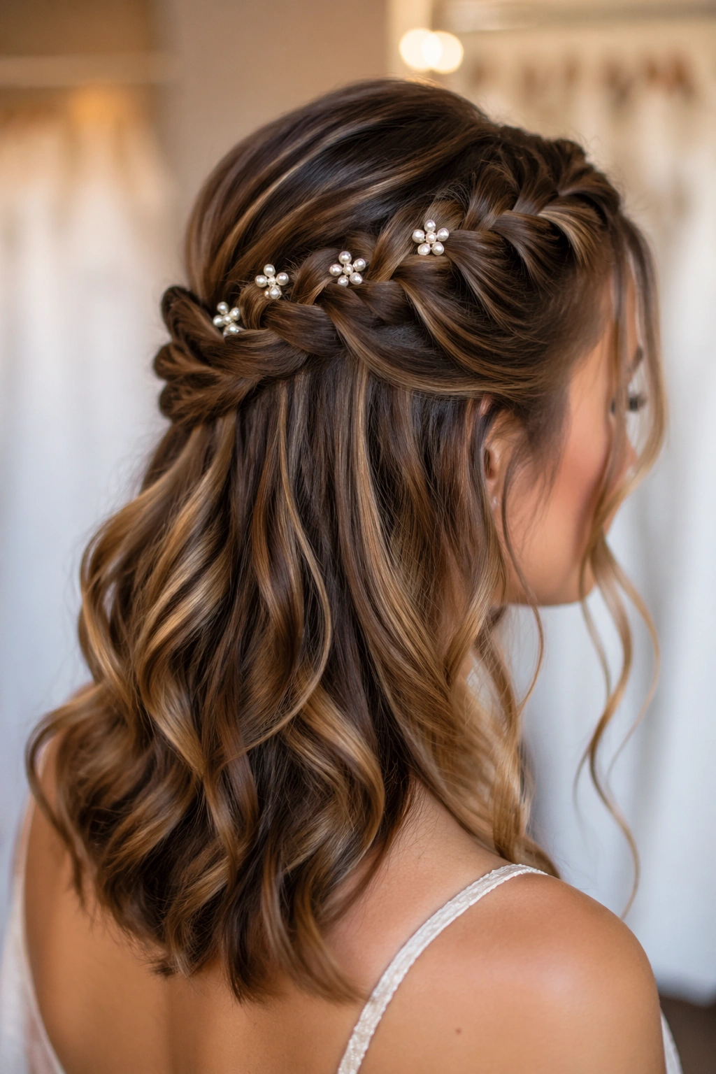 Close-up of braid with pearl pins on a real woman.