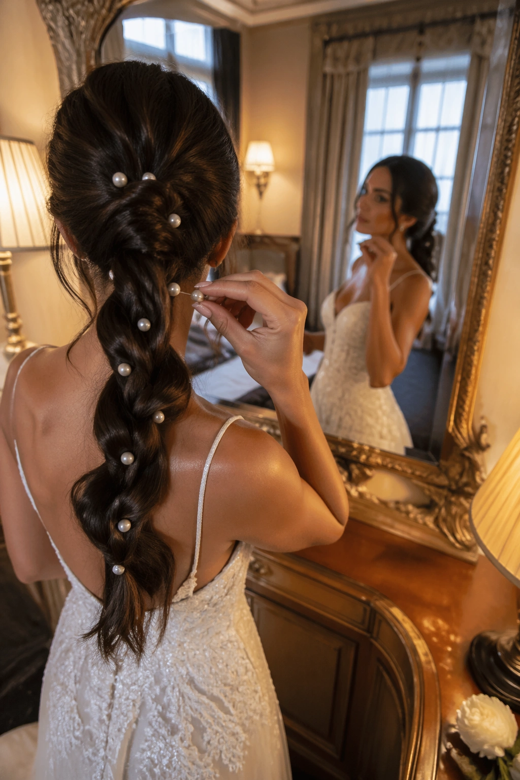Pearl pins along braid seen in a mirror selfie.