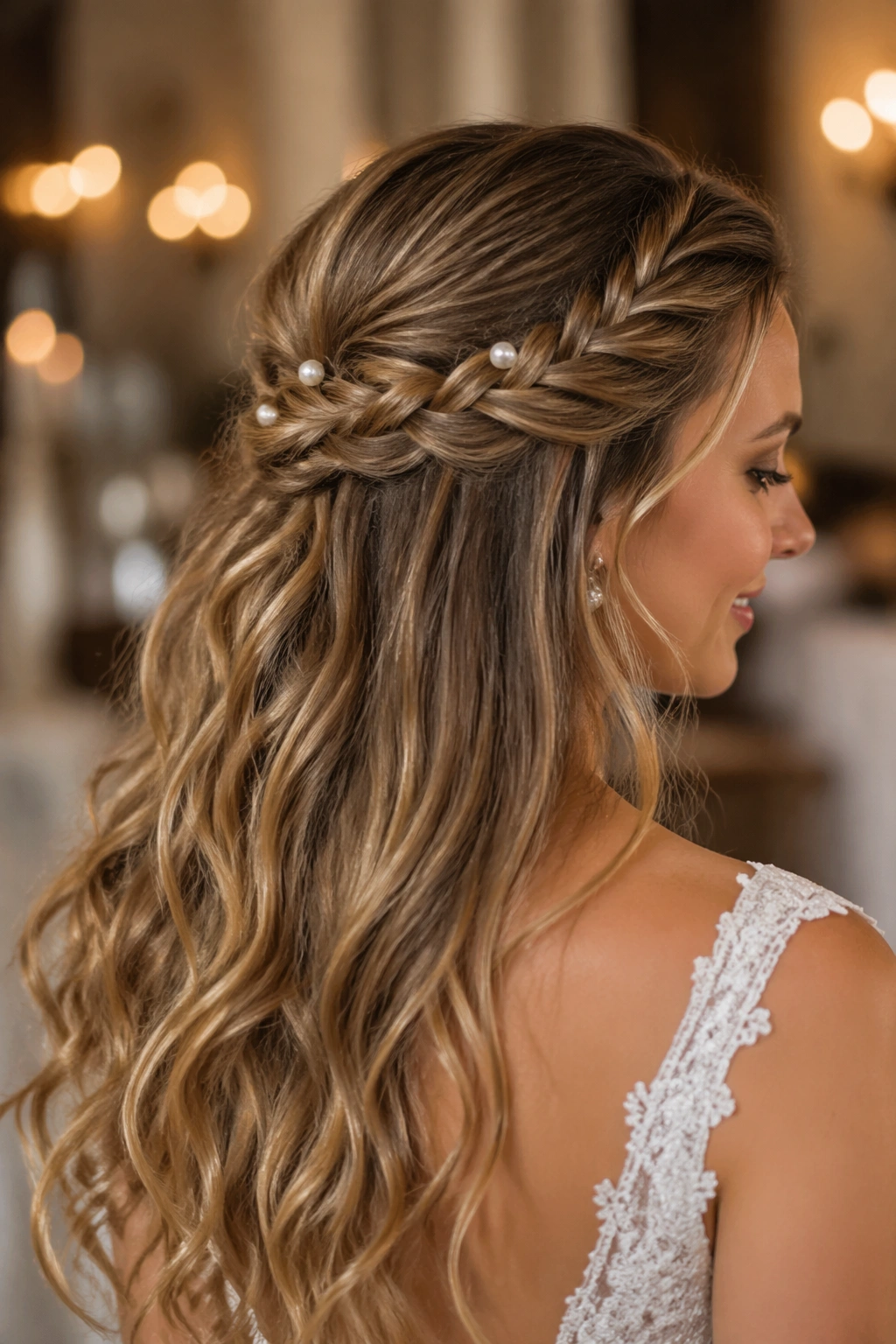 Close-up of bride with pearl-pin accented braided half-up.