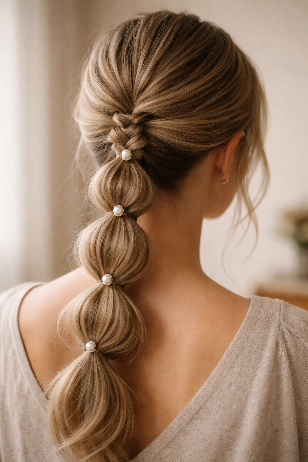 Low bubble braid ponytail with pearl pins placed along the braid