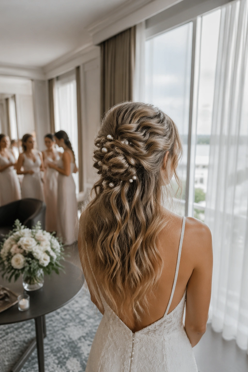 Textured bun with scattered pearl pins for elegant bridal look