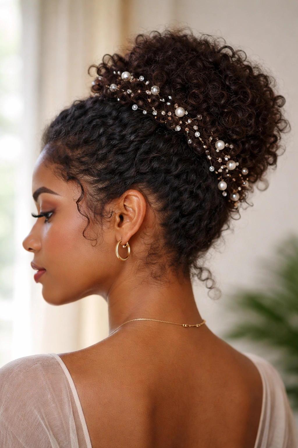 Close-up of a real woman with a curly bun adorned by pearl and crystal pins arranged in a spiral