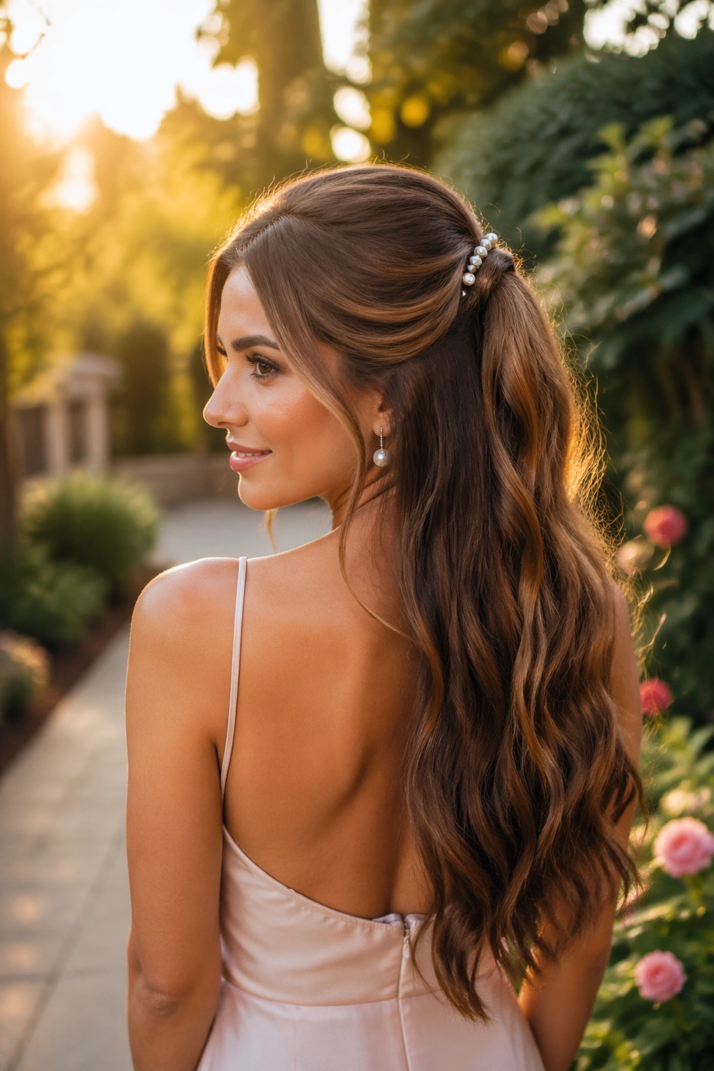 Pearl pin half-up ponytail in garden light.