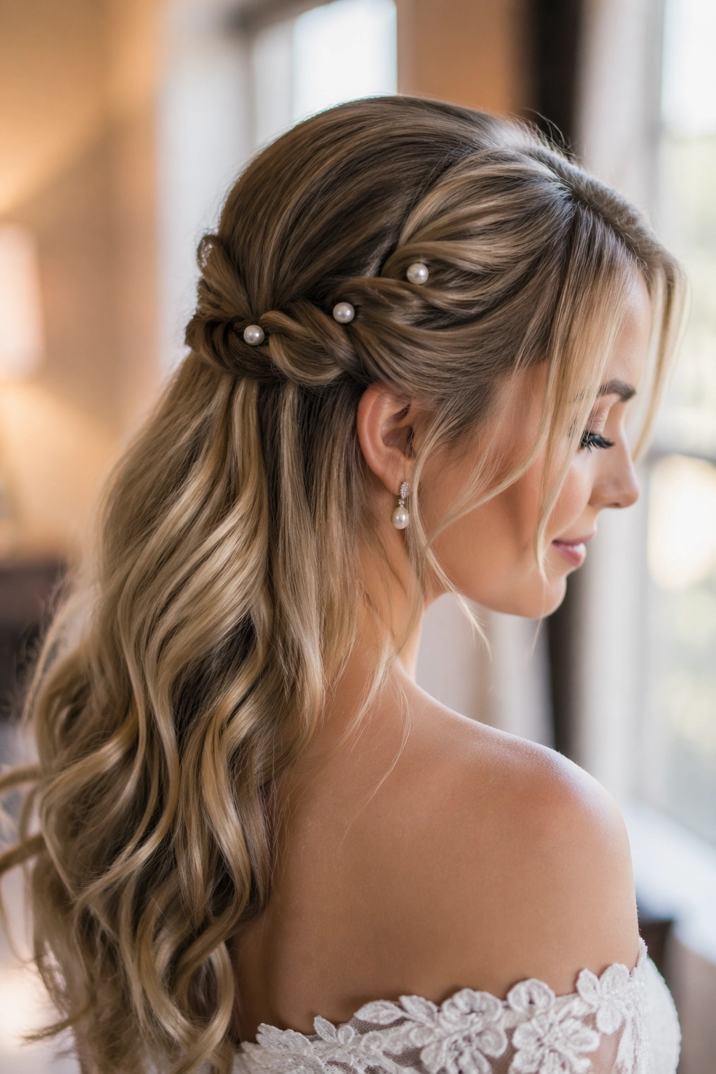 Close-up of a real bride with a pearl-pinned half-up hairstyle and soft waves