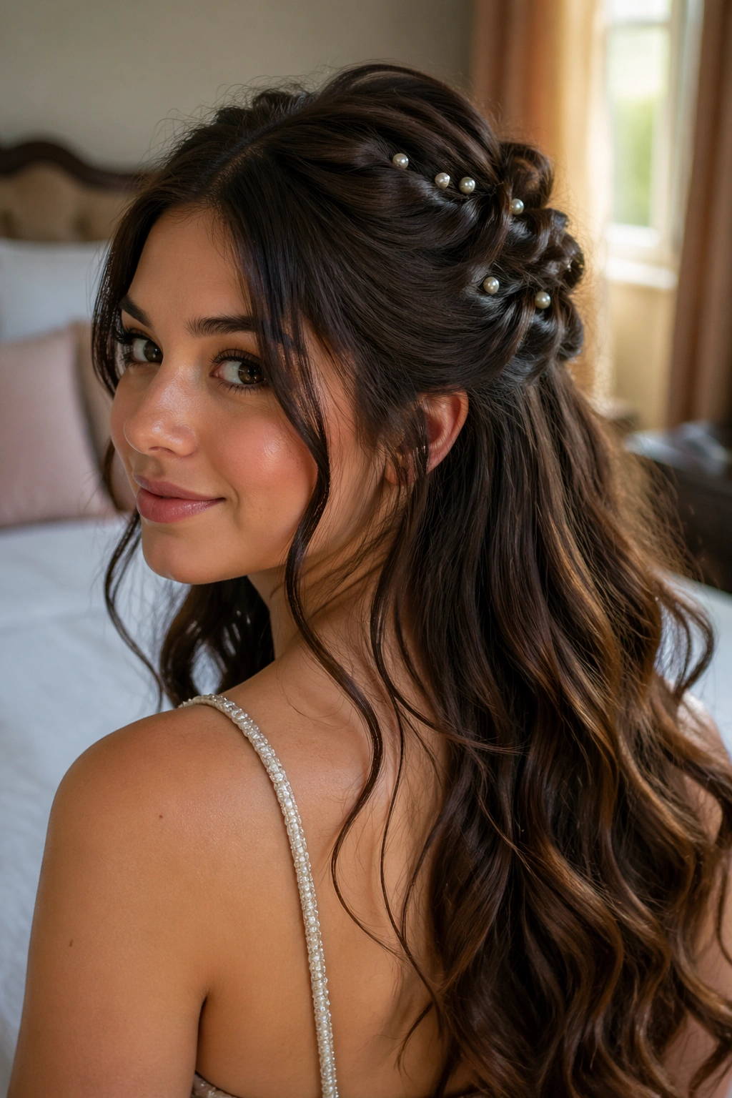 Close-up of pearl-pin scattered half-up on a real person with loose curls
