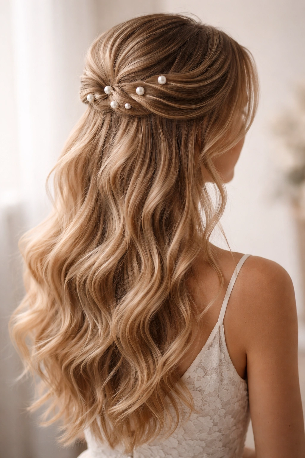 Half-up hairstyle with pearl pins scattered through pinned-back section