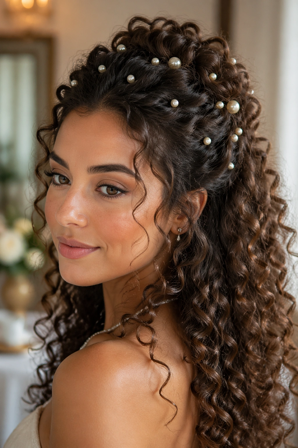 Portrait of a real woman wearing a curly half-up with scattered pearl pins.