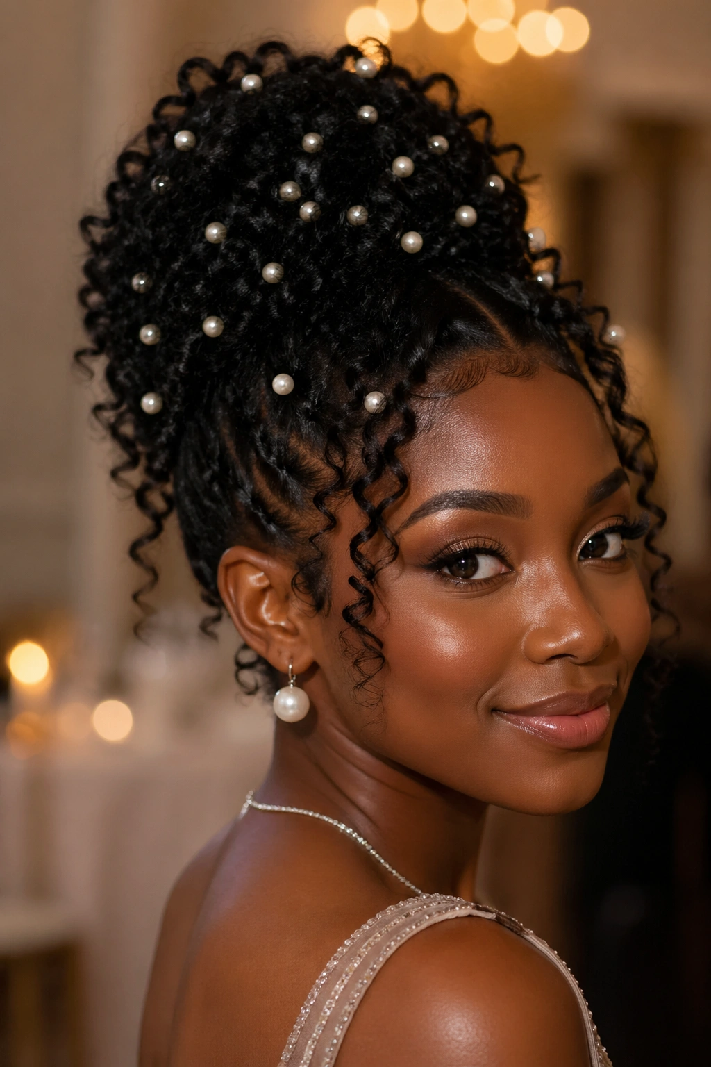 Close-up of a real woman with a pearl-embellished natural updo under soft ballroom lighting