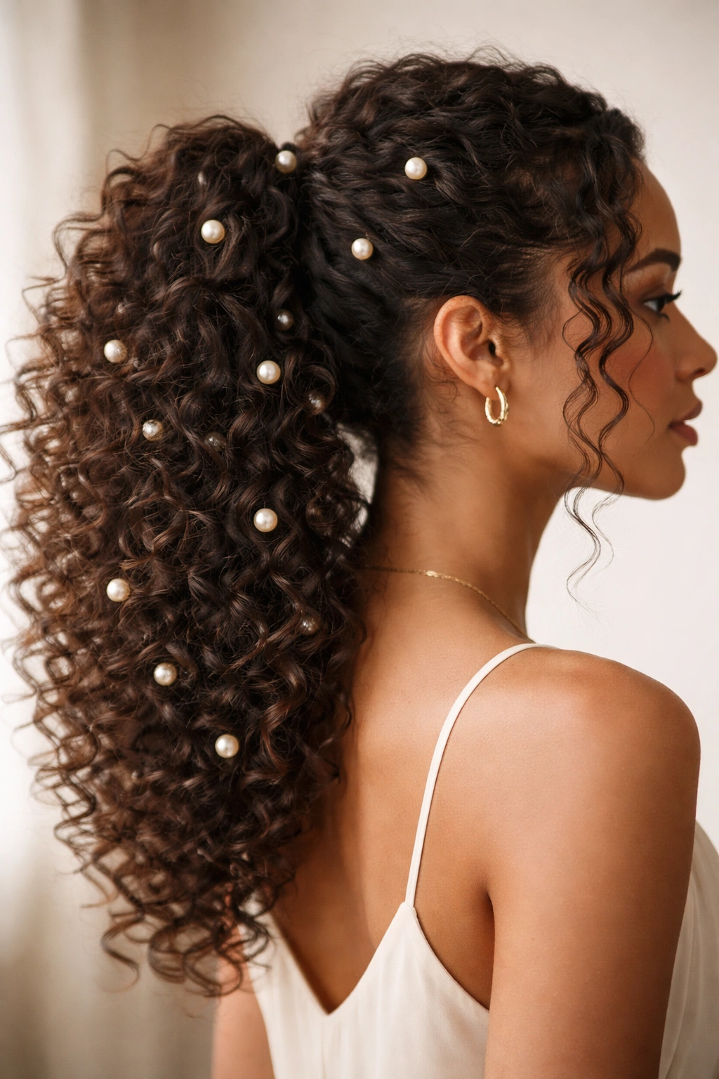 Curly ponytail with scattered pearl pins catching light