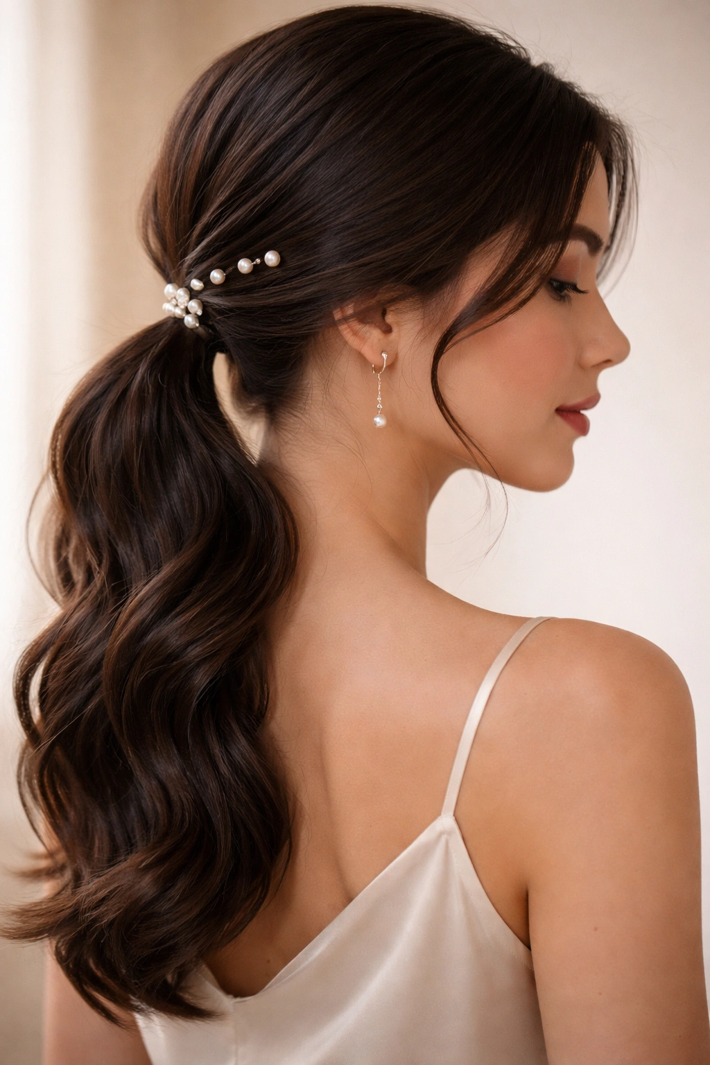 Low side pony with pearl pins near the elastic