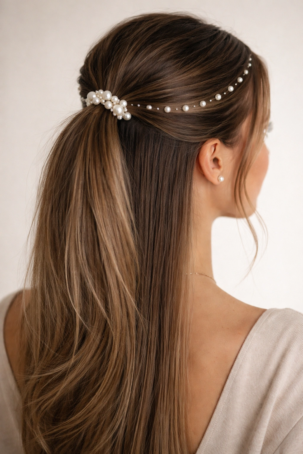 Half-up ponytail with pearl pins along the hairline and base of the ponytail
