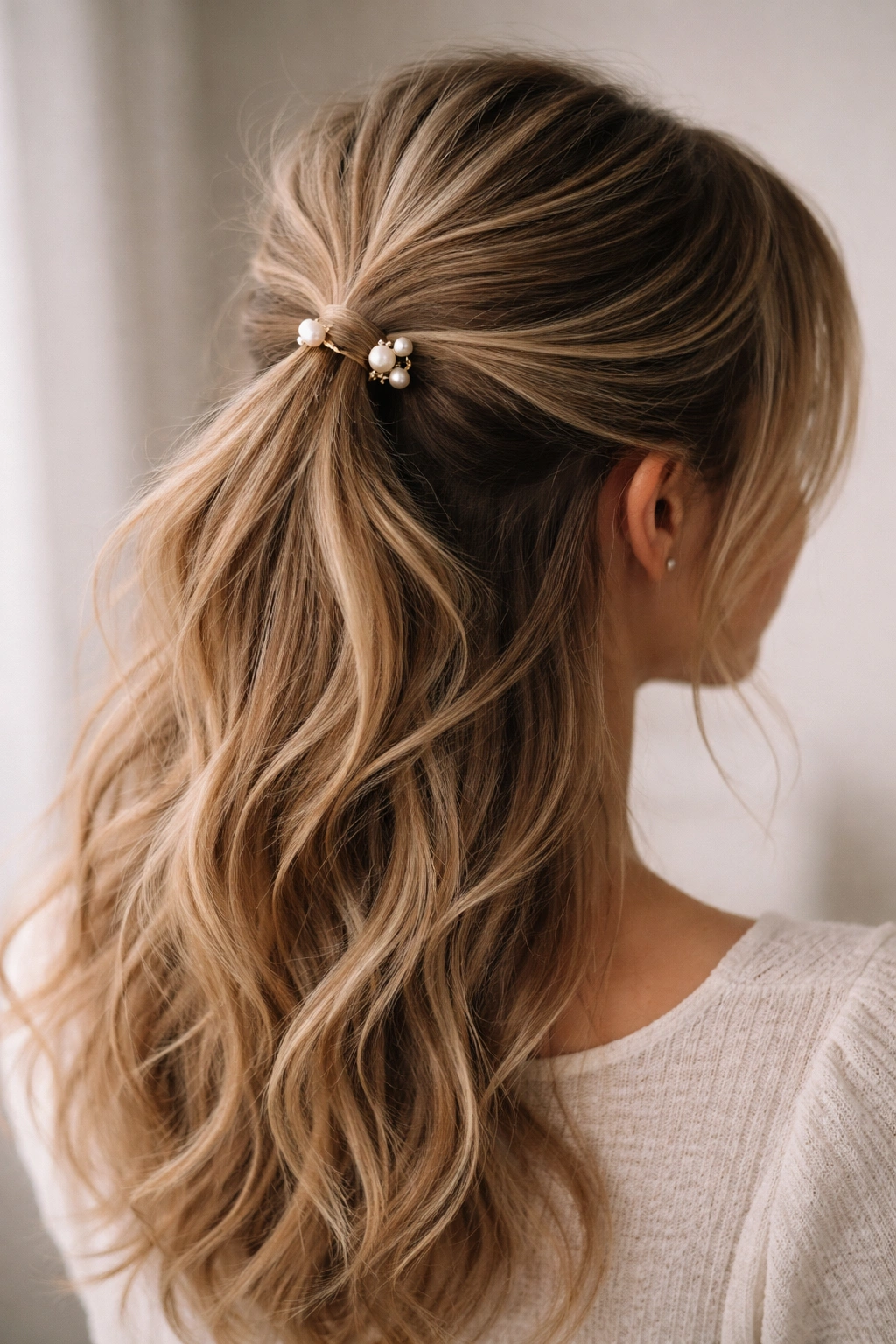 Pearl pins arranged near elastic on half up ponytail