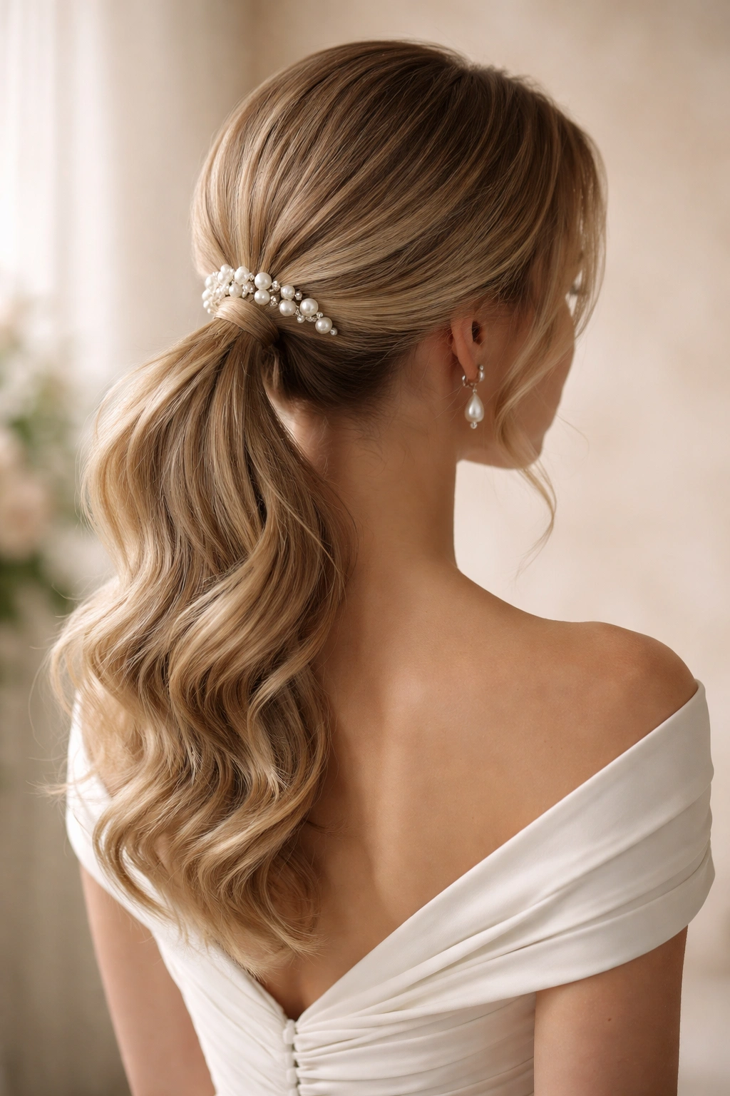 Low pearl-pinned ponytail with soft waves for bridal look