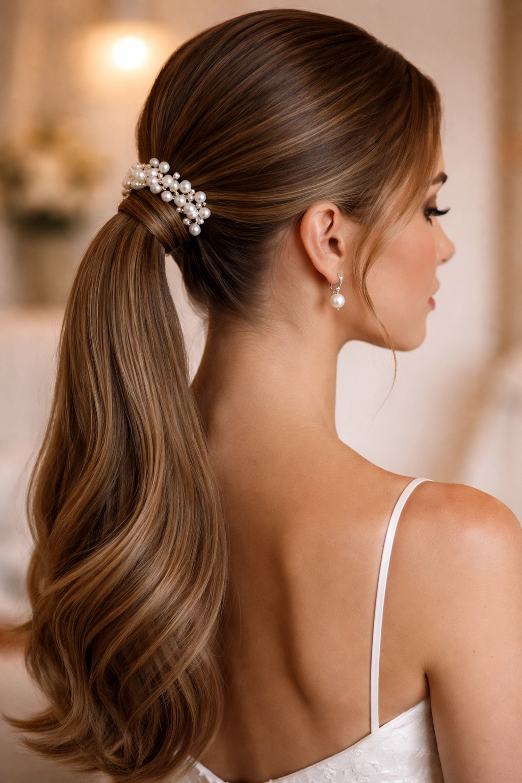 Real woman with pearl pins on a sleek ponytail for a bridal look