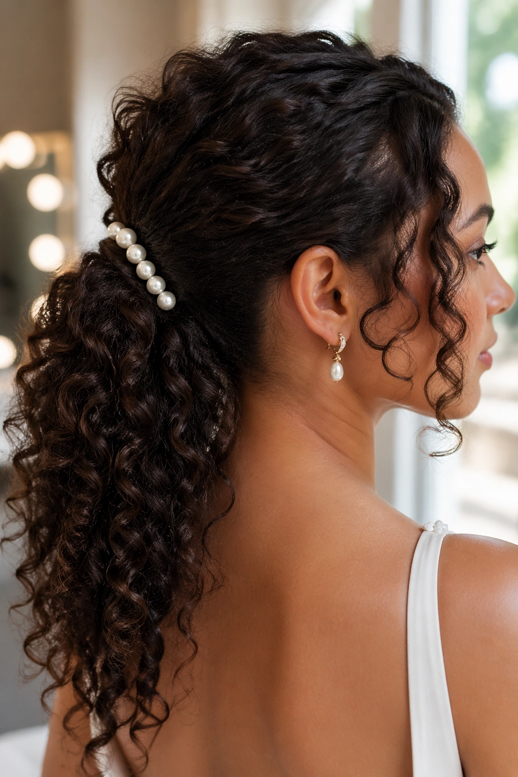 Close-up of pearl-pin curly ponytail on a real person in bridal setting