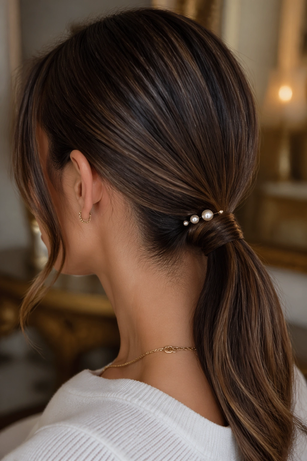 Close-up of pearl-pin low ponytail on a real woman with pearl pins near the base