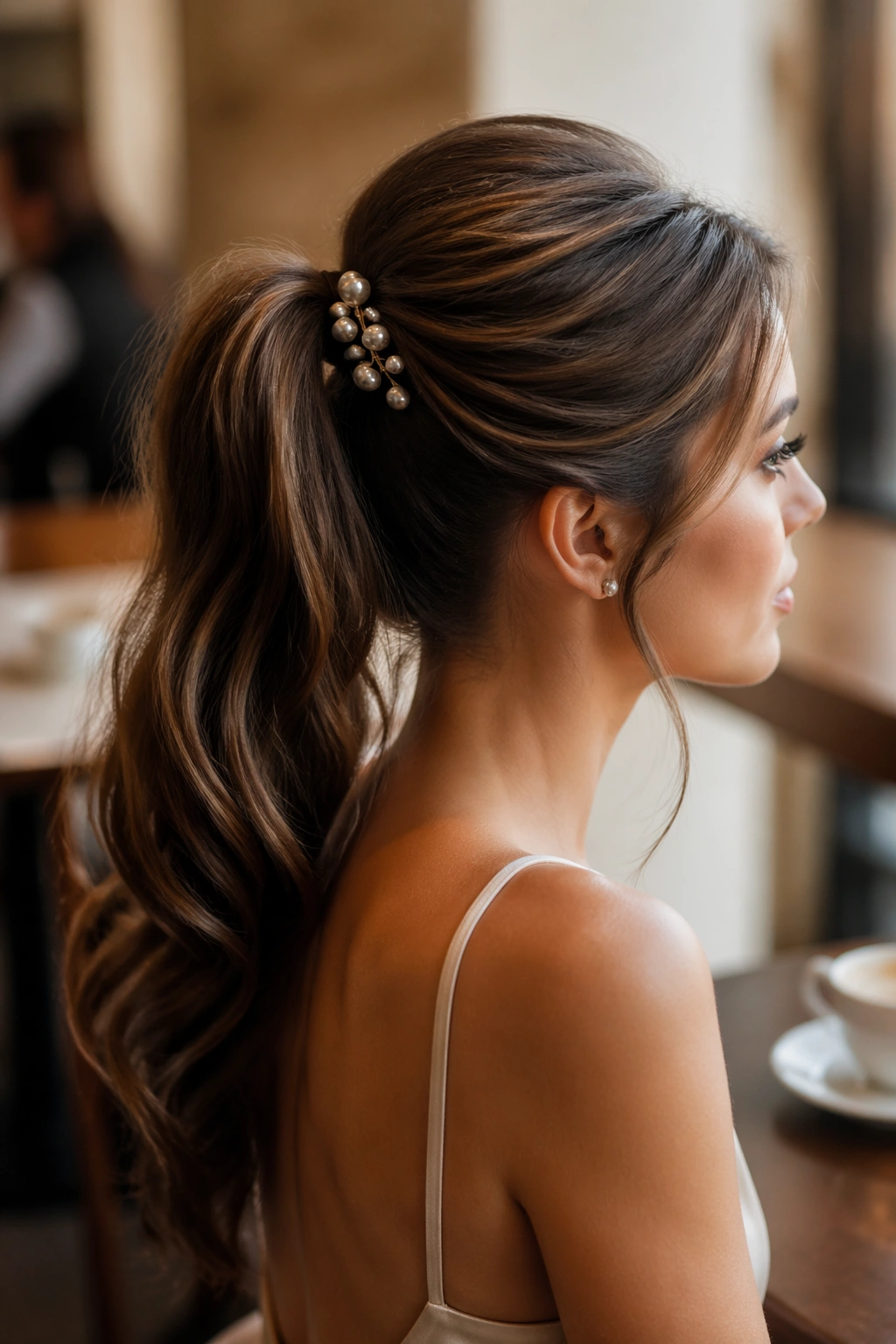 Side profile of ponytail adorned with pearl pins.
