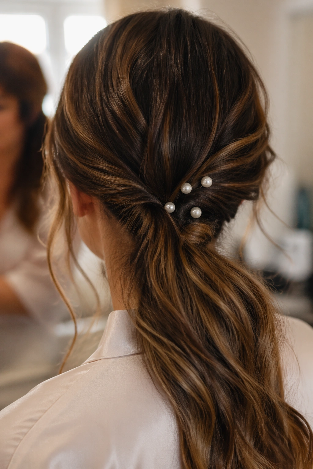 Close-up back of head showing a low ponytail with pearl pins in bridal hair