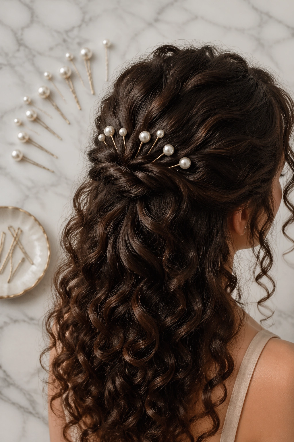 Overhead flat-lay of pearl pins for a prom half-up hairstyle.