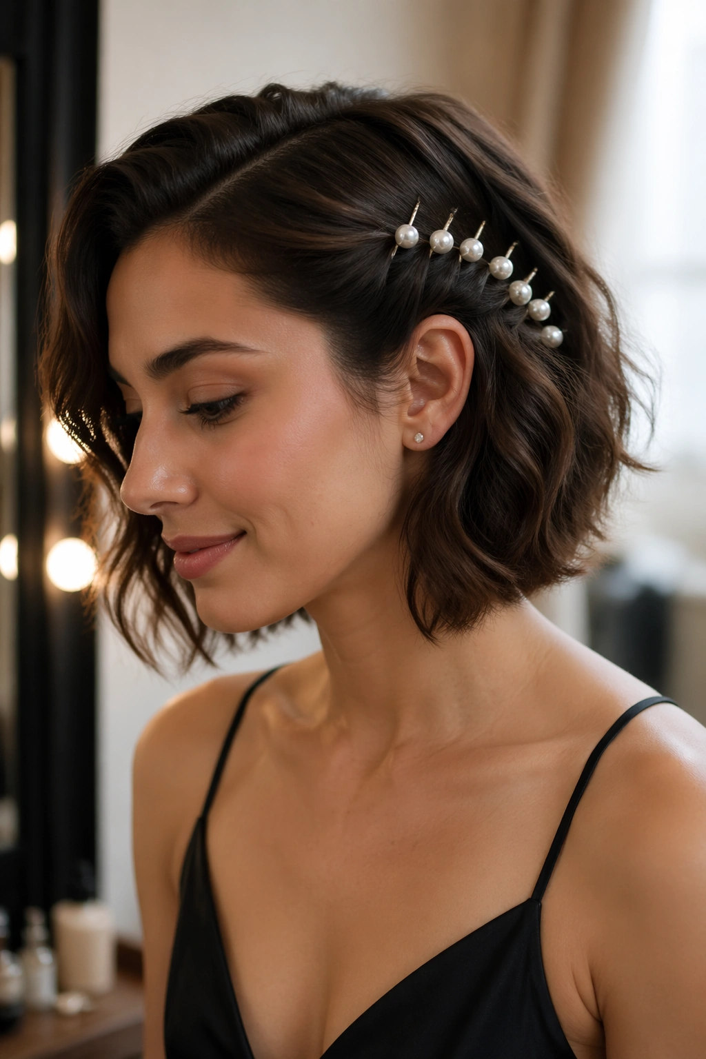 Medium close-up of short bob with pearl pins tucked behind the ear