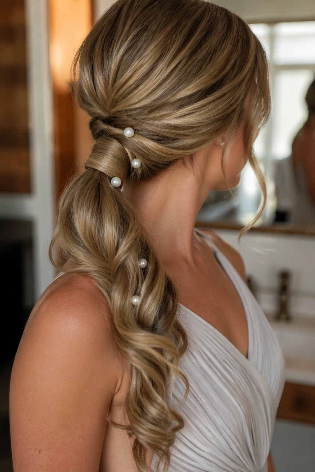 Close-up of side ponytail adorned with scattered pearl pins