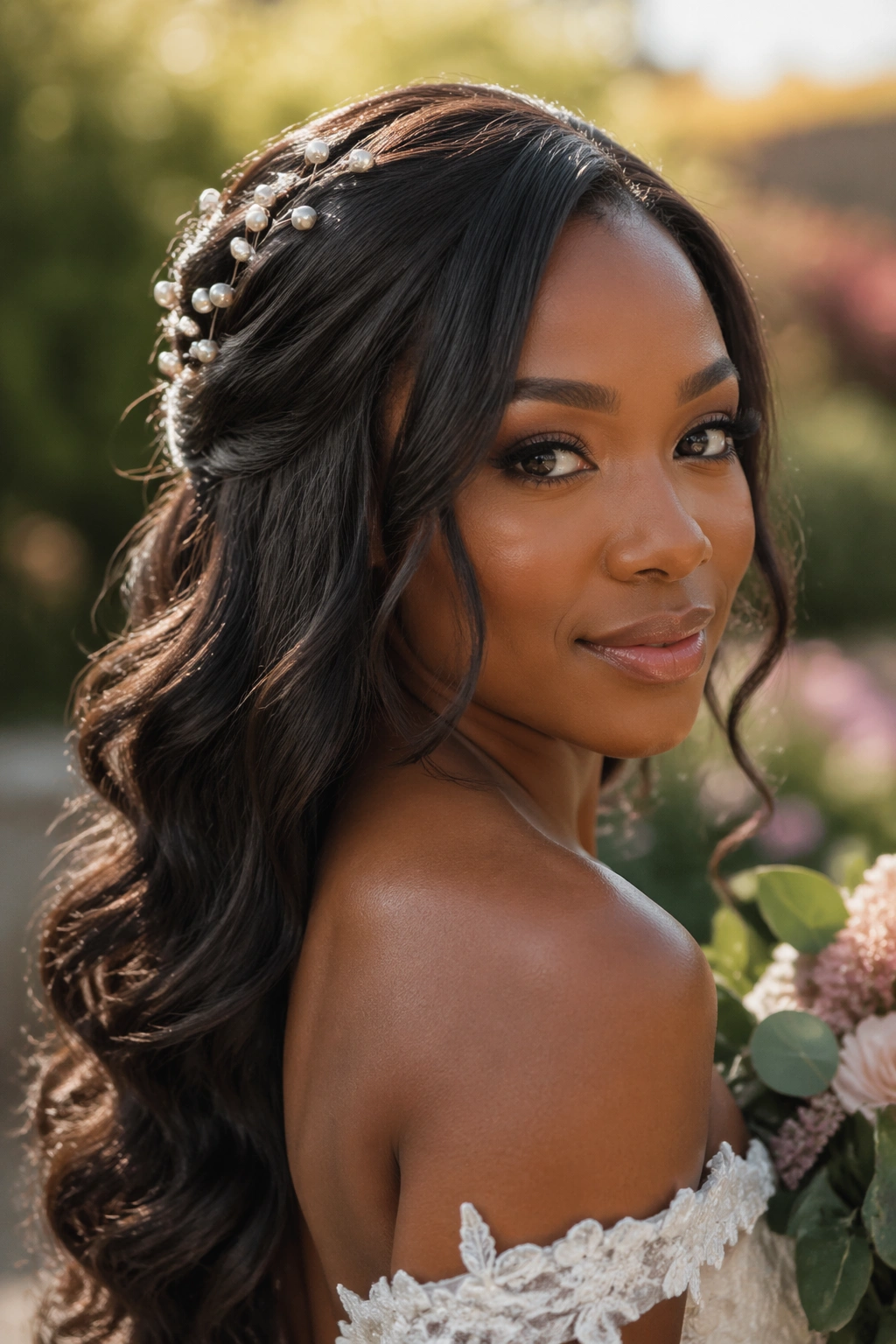 Real bride with soft waves and pearl pins in wedding setting