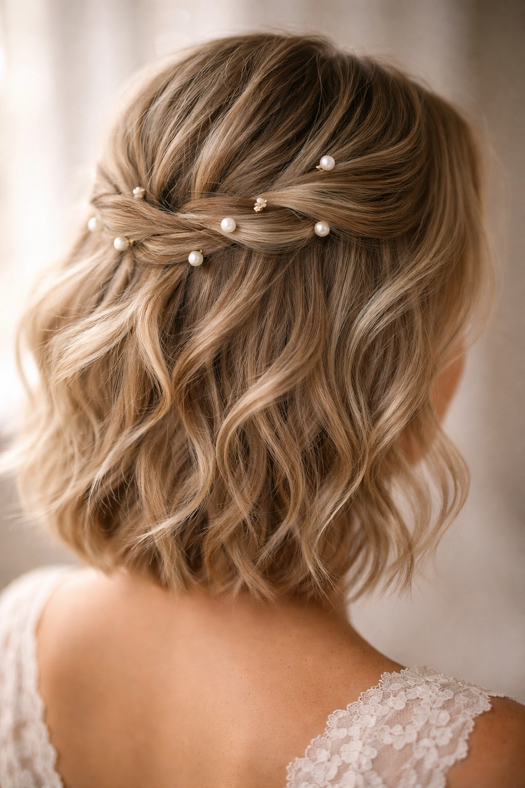 Textured waves with scattered pearl pins pinned back for a bridal look