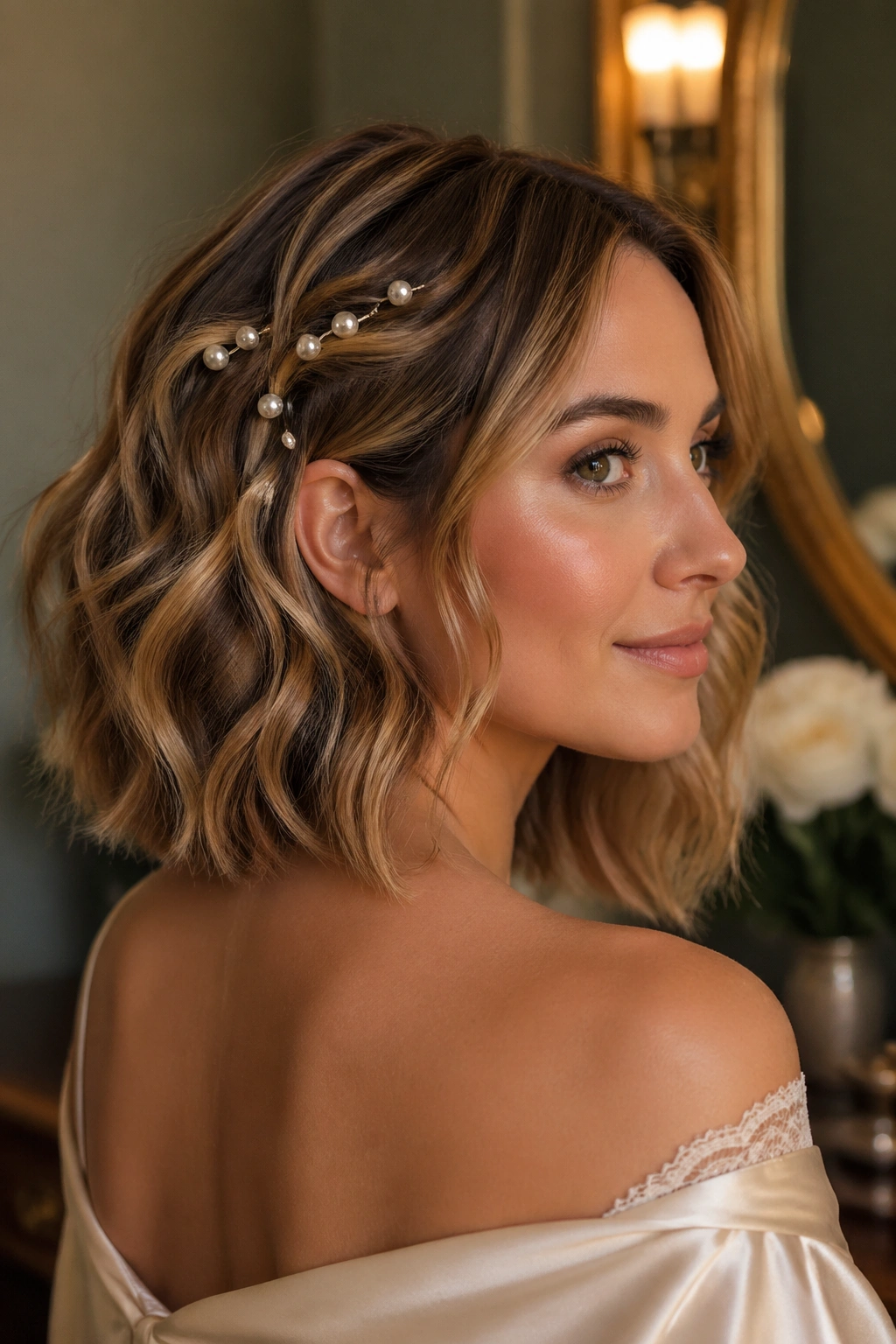 Close-up of real woman with pearl pins scattered through waves near temple
