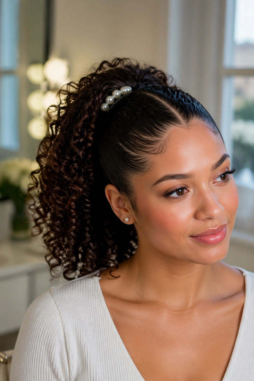 Close-up portrait of a real woman wearing a pearl-accented V-part ponytail with pearls along the base