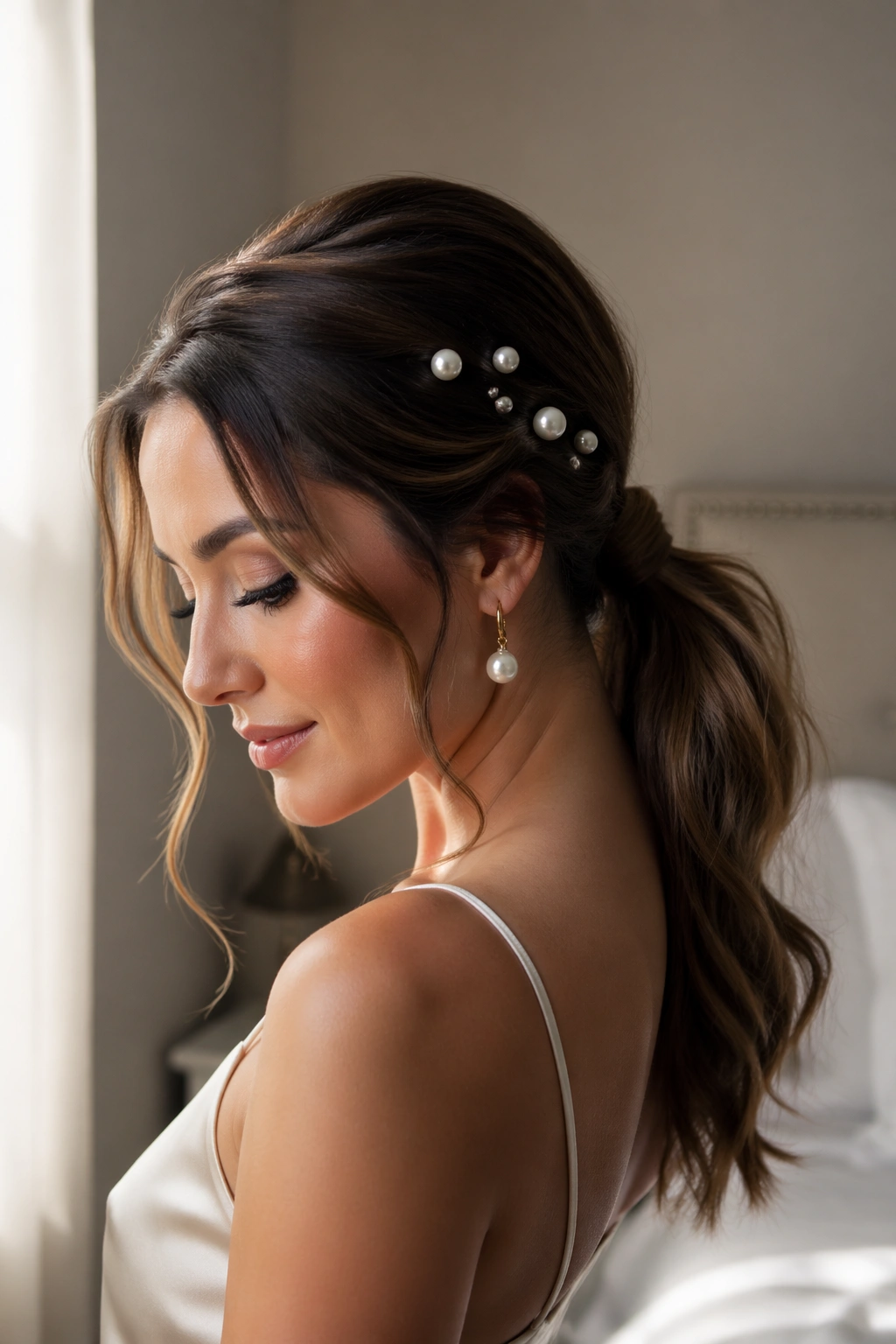 Close-up of a real woman wearing a pearl-accent ponytail updo with pearl pins along the wrap