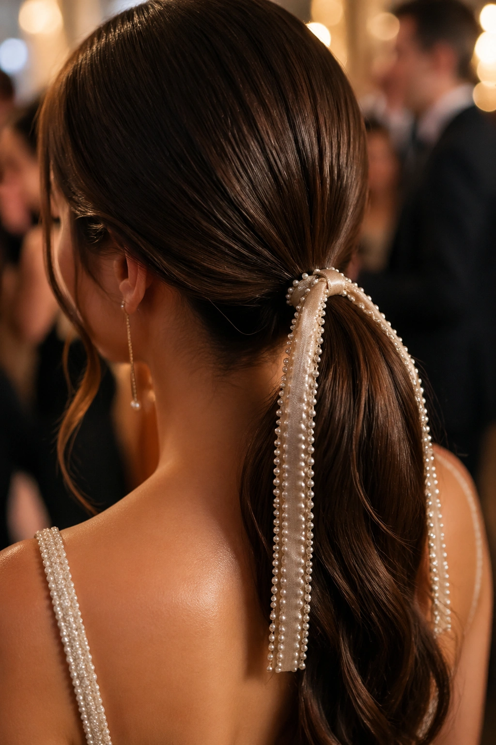Low ponytail with pearl-threaded ribbon for formal events.