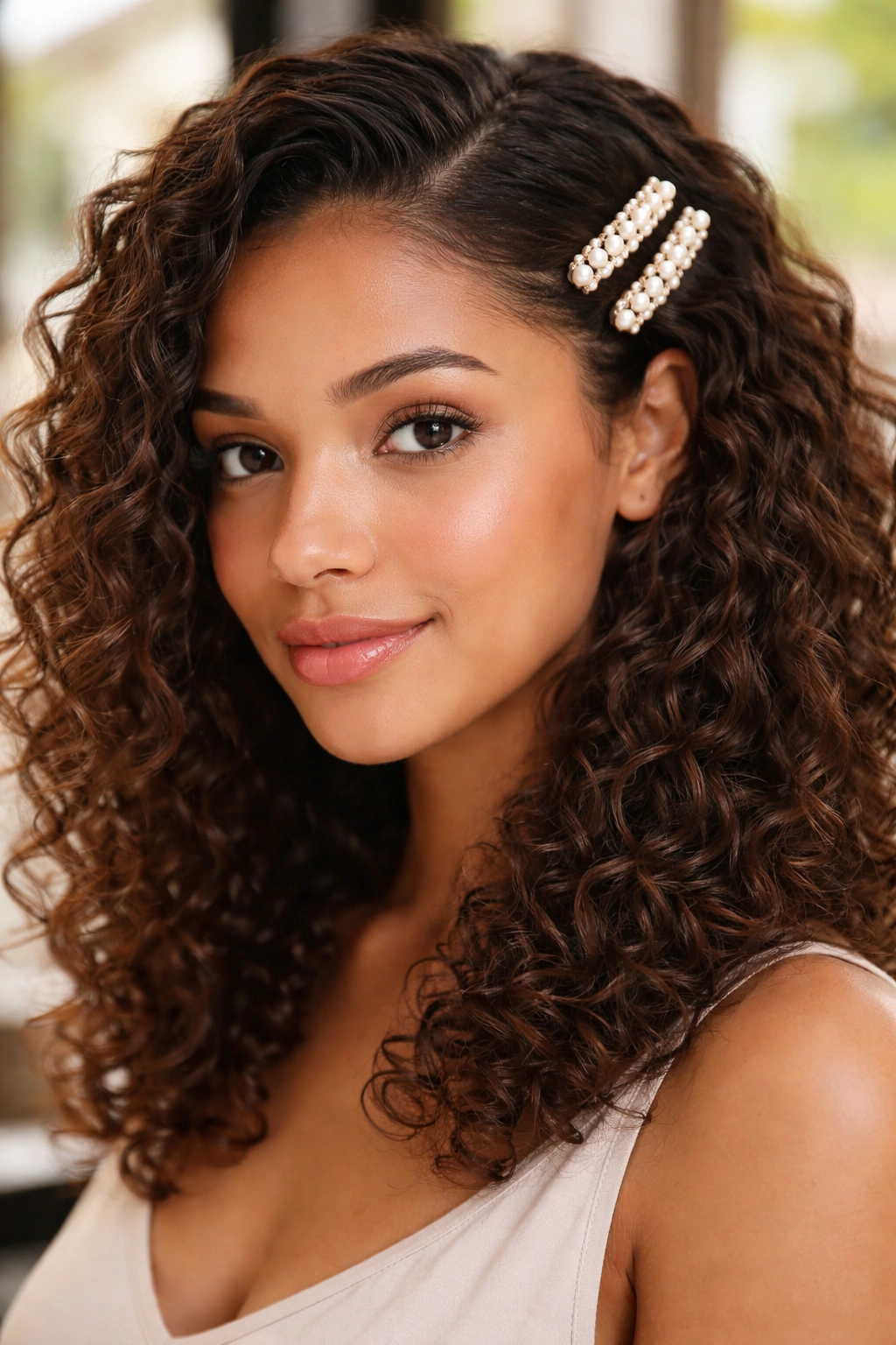 Real woman with pearl side-clip set framing her face
