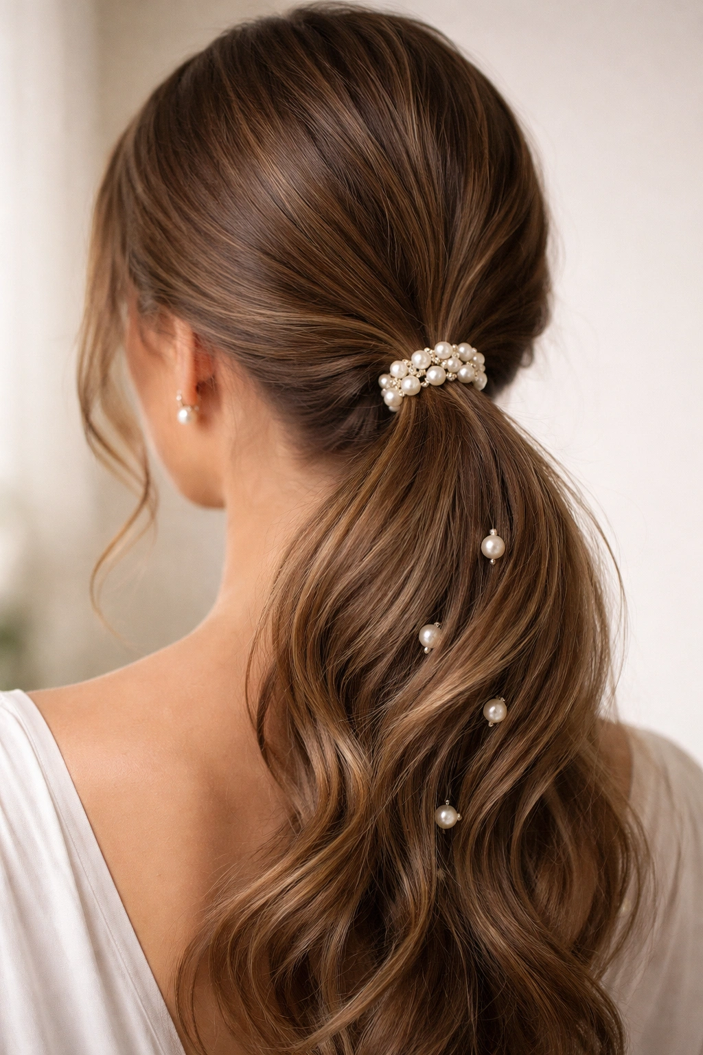 Low ponytail with pearl pins along the base