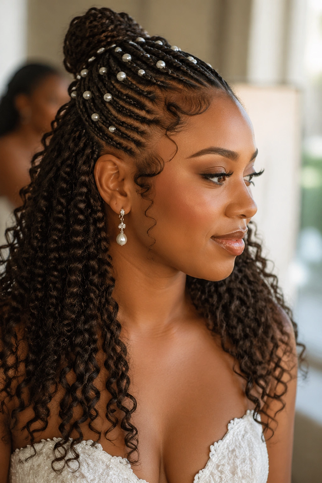 Close-up of a bride with pearl-threaded braids in a half-up hairstyle