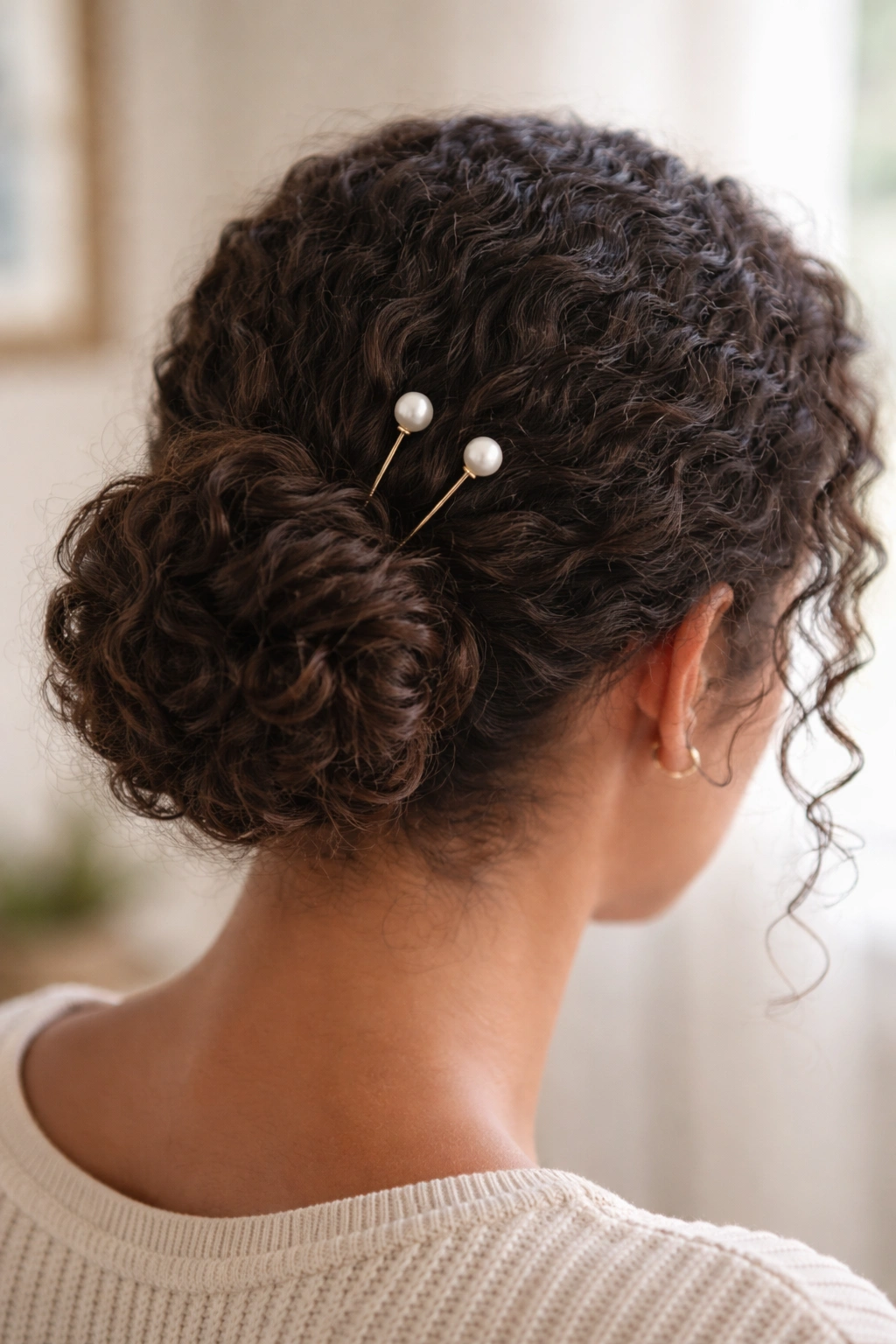 Pearl U-pins securing a low bun on a real person.