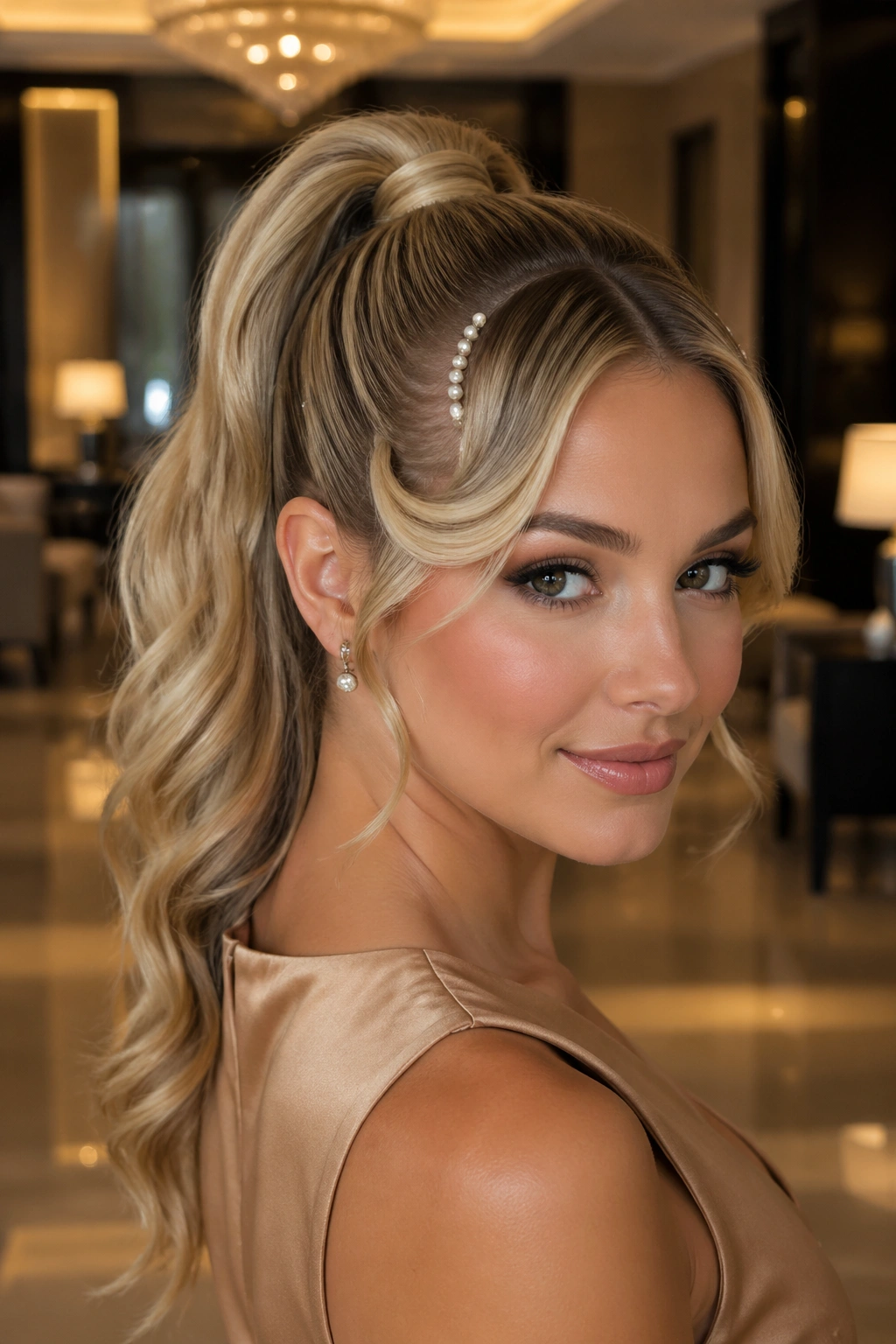 Real woman wearing pearl pins in a double swoop ponytail