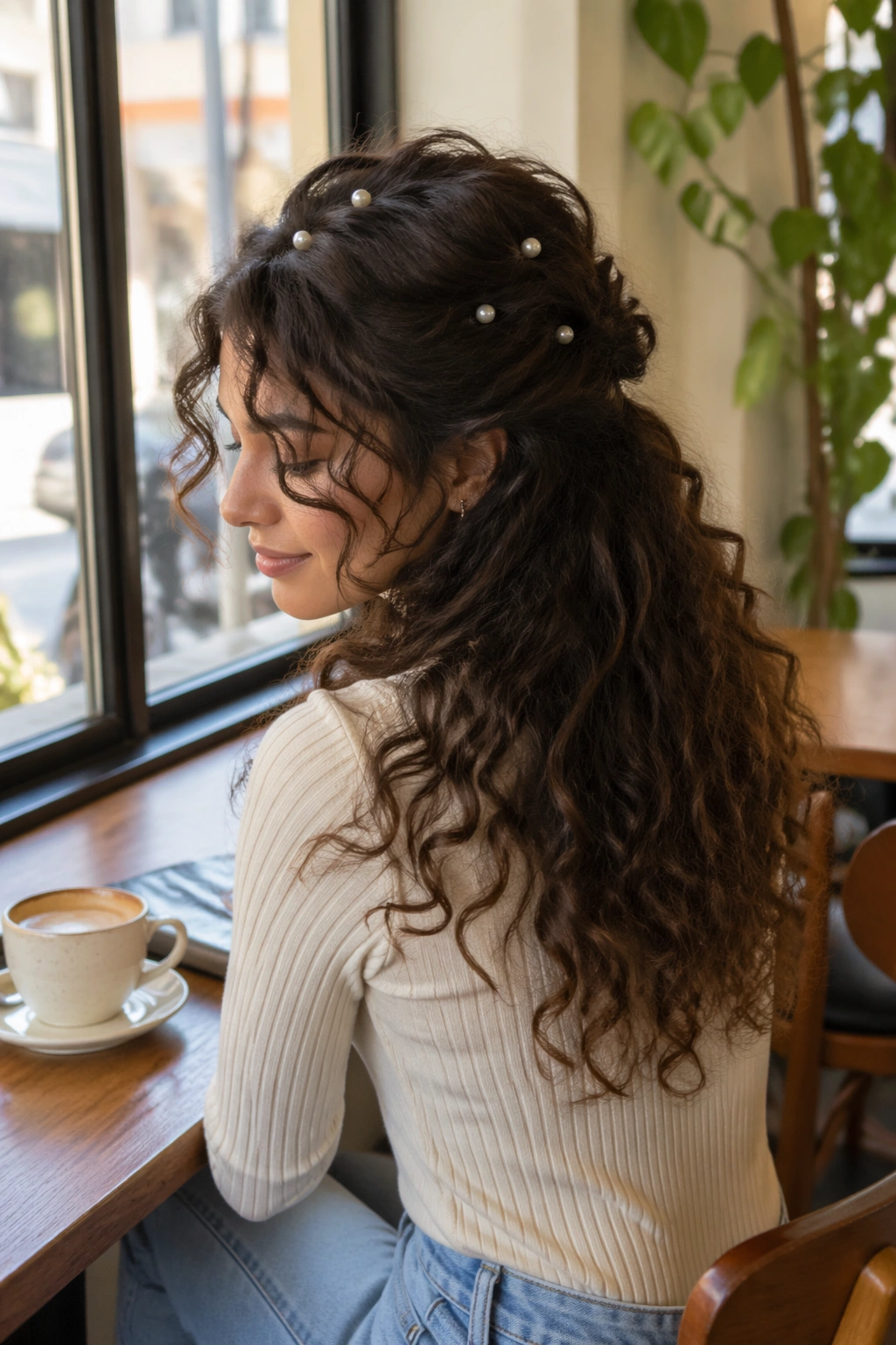 Wide shot of a curly half-up hairstyle with pearl pins across the crown in a sunlit cafe.
