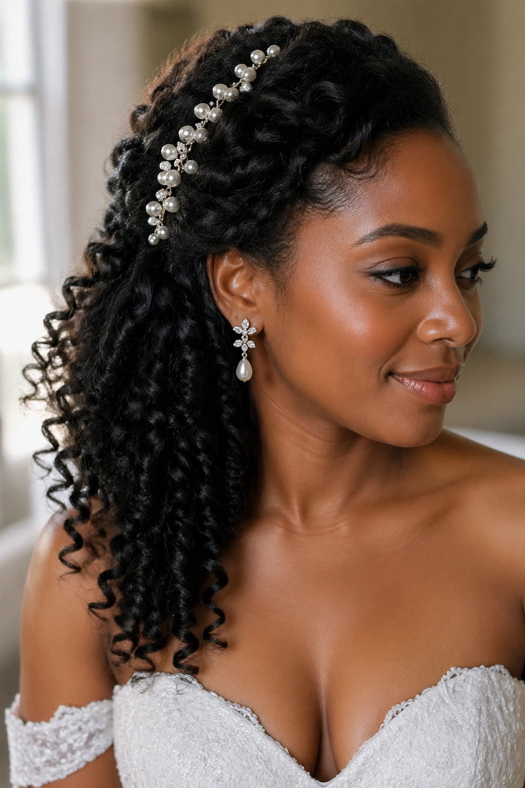 Real bride side-swept half-up with pearl pins