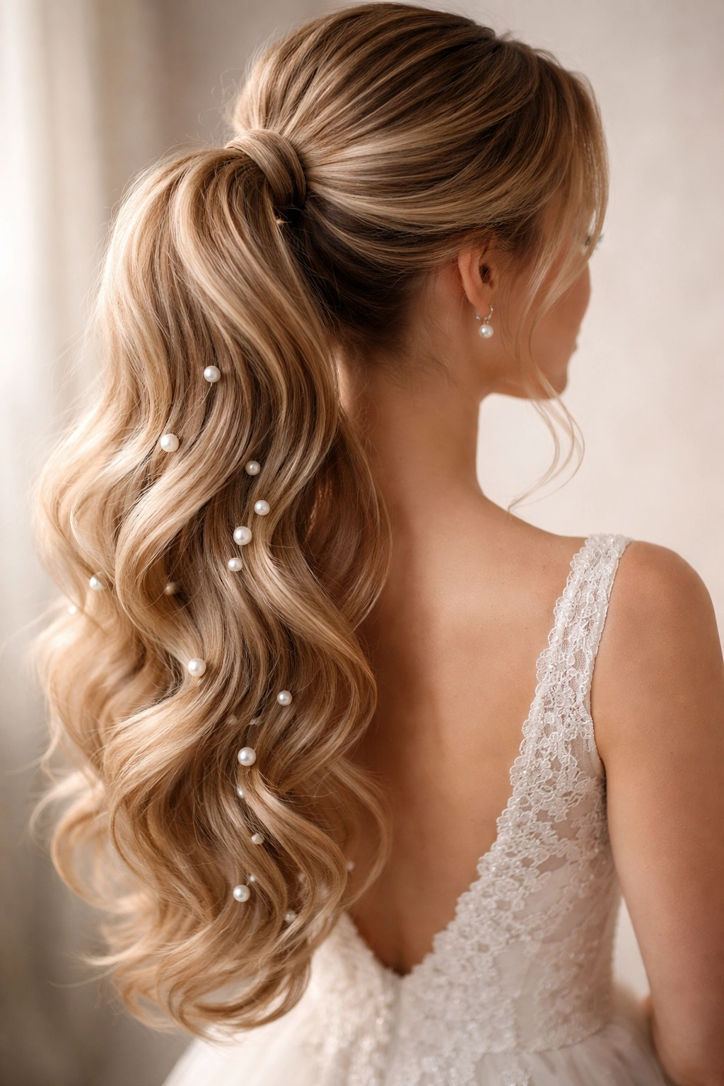Thick ponytail with pearls pinned through the length creating a dotted line