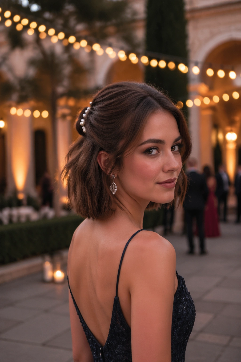 Pearl-pinned half-up on prom short hair in outdoor dusk lights.